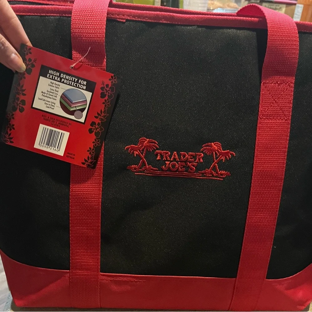 Trader Joe's Black and Red Insulated shopping Tote Bag.